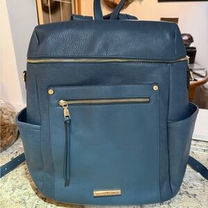 Poppy & Peonies Blue Leather Backpack
